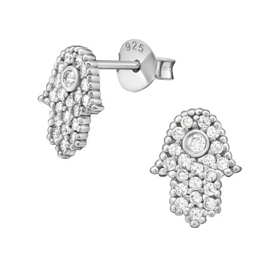 Silver Hamsa Ear Studs with Cubic Zirconia