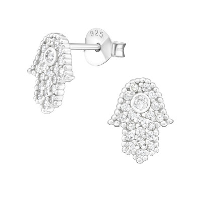 Silver Hamsa Ear Studs with Cubic Zirconia