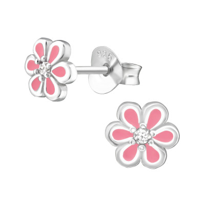 Silver Flower Ear Studs with Cubic Zirconia and Epoxy