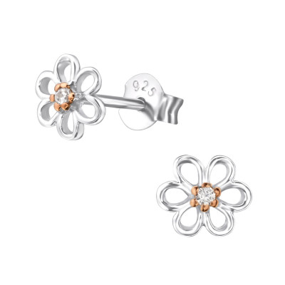 Silver Flower Ear Studs with Cubic Zirconia