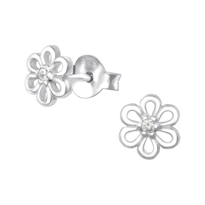 Silver Flower Ear Studs with Cubic Zirconia