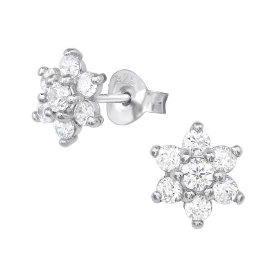 Silver Flower Ear Studs with Cubic Zirconia