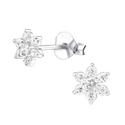 Silver Flower Ear Studs with Cubic Zirconia