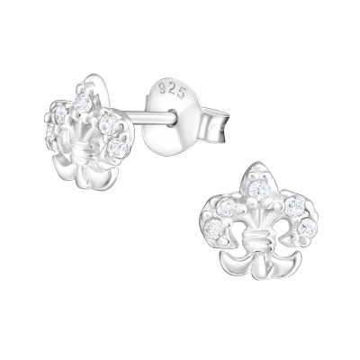 Silver Fleur De Lis Ear Studs with Cubic Zirconia