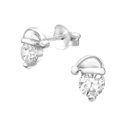 Silver Santa Hat Ear Studs with Cubic Zirconia