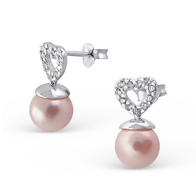 Heart Sterling Silver Ear Studs with Cubic Zirconia and Pearl