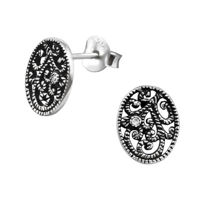 Silver Filigree Oval Ear Studs with Cubic Zirconia