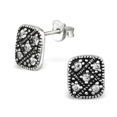 Rectangle Sterling Silver Ear Studs with Cubic Zirconia