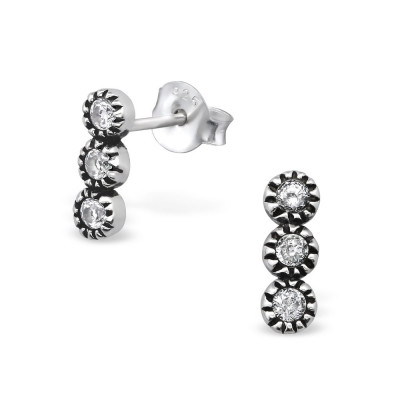 Silver Patterned Ear Studs with Cubic Zirconia