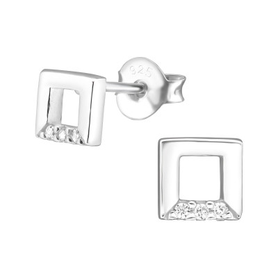 Silver Square Ear Studs with Cubic Zirconia