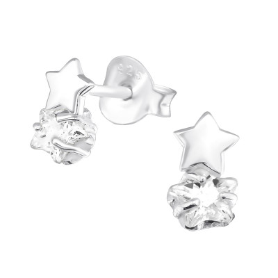 Silver Double Stars Ear Studs with Cubic Zirconia