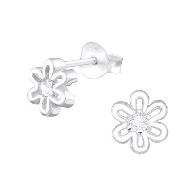 Silver Flower Ear Studs with Cubic Zirconia