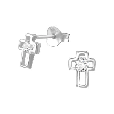 Silver Cross Ear Studs with Cubic Zirconia