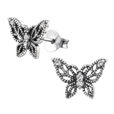 Silver Butterfly Ear Studs with Cubic Zirconia