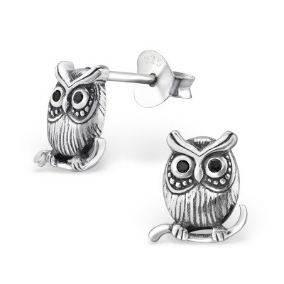 Silver Owl Ear Studs with Cubic Zirconia