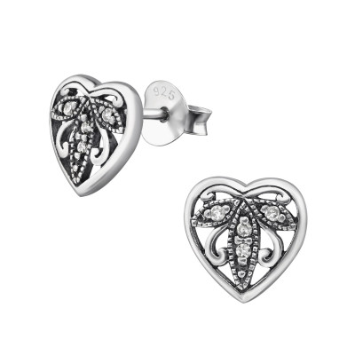 Silver Heart Ear Studs with Cubic Zirconia