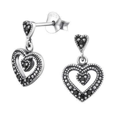 Silver Hanging Heart Ear Studs with Cubic Zirconia