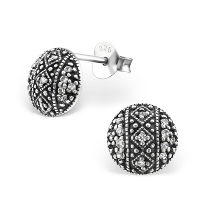 Silver Bali Round Ear Studs with Cubic Zirconia