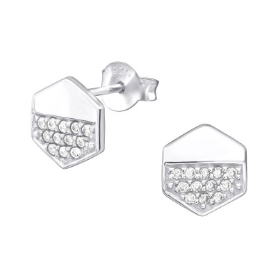 Silver Hexagon Ear Studs with Cubic Zirconia