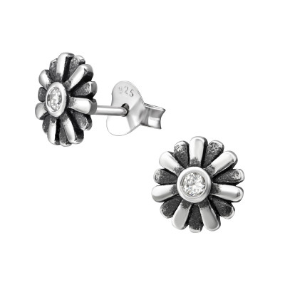 Silver Oxidized Flower Ear Studs with Cubic Zirconia