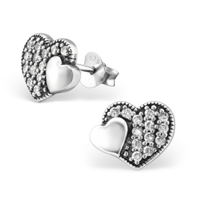 Silver Heart Ear Studs with Cubic Zirconia