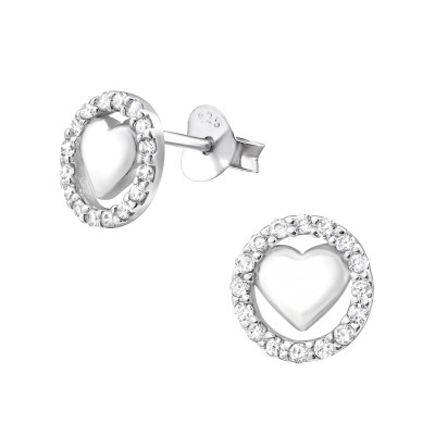 Silver Heart Ear Studs with Cubic Zirconia