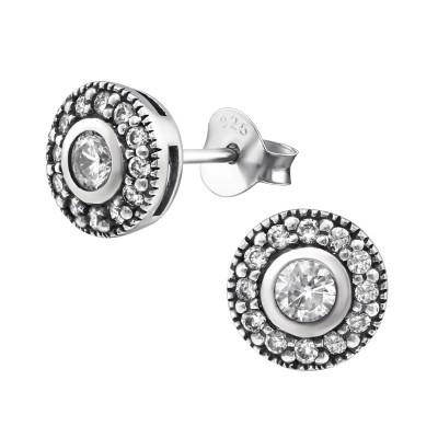 Silver Round Ear Studs with Cubic Zirconia