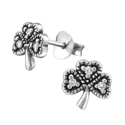 Silver Clover Ear Studs with Cubic Zirconia