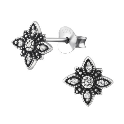 Silver Flower Ear Studs with Cubic Zirconia