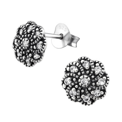 Silver Flower Ear Studs with Cubic Zirconia