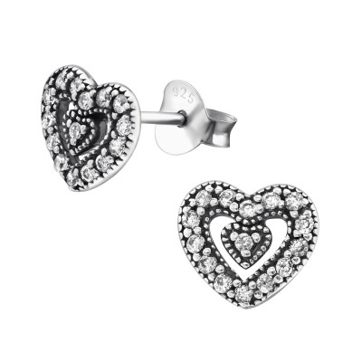 Silver Heart Ear Studs with Cubic Zirconia