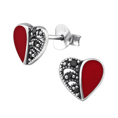 Silver Heart Ear Studs with Cubic Zirconia and Epoxy