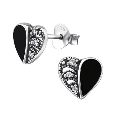 Silver Heart Ear Studs with Cubic Zirconia and Epoxy