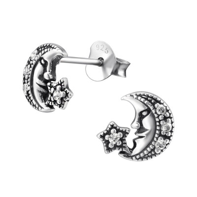 Silver Moon Ear Studs with Cubic Zirconia