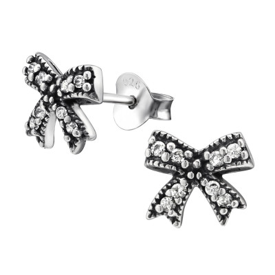 Silver Bow Ear Studs with Cubic Zirconia