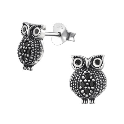 Silver Owl Ear Studs with Cubic Zirconia