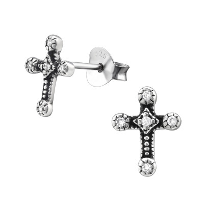 Silver Cross Ear Studs with Cubic Zirconia