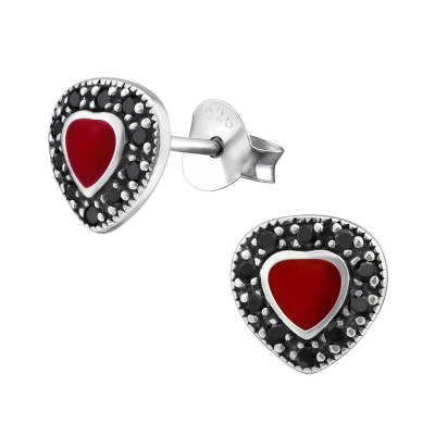 Silver Heart Ear Studs with Cubic Zirconia and Epoxy