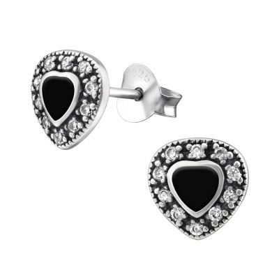 Silver Heart Ear Studs with Cubic Zirconia and Epoxy