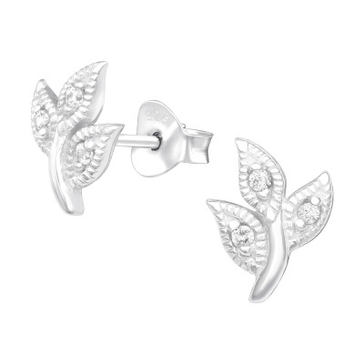 Silver Leaves Ear Studs with Cubic Zirconia