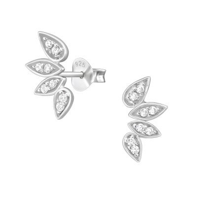 Silver Leaf Ear Studs with Cubic Zirconia