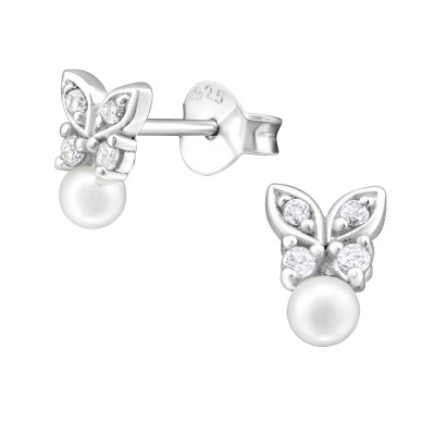 Silver Butterfly Ear Studs with Cubic Zirconia and Snythetic Pearl