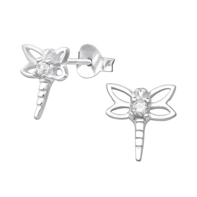 Silver Dragonfly Ear Studs with Cubic Zirconia