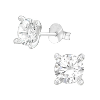 Round Sterling Silver Ear Studs with Cubic Zirconia