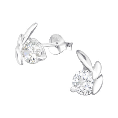 Silver Leaf Ear Studs with Cubic Zirconia