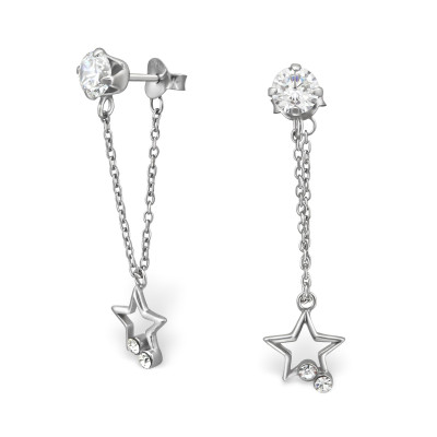 Hanging Star Sterling Silver Ear Studs with Cubic Zirconia and Crystal