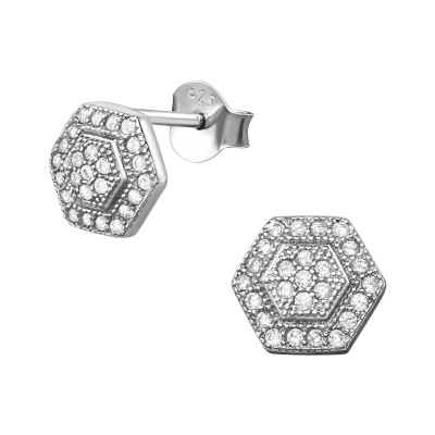 Silver Hexagon Ear Studs with Cubic Zirconia