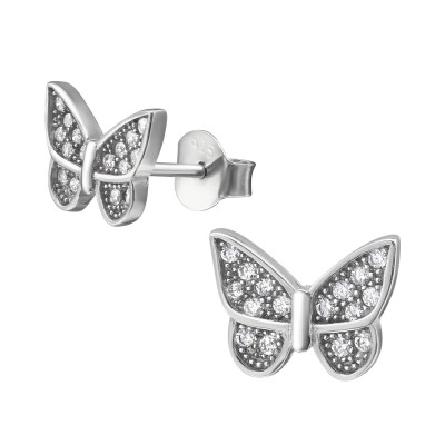 Silver Butterfly Ear Studs with Cubic Zirconia