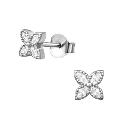 Flower Sterling Silver Ear Studs with Cubic Zirconia