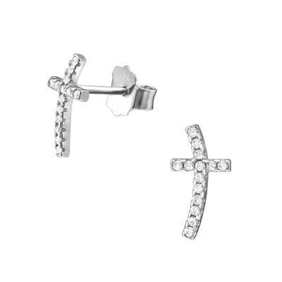 Silver Cross Ear Studs with Cubic Zirconia